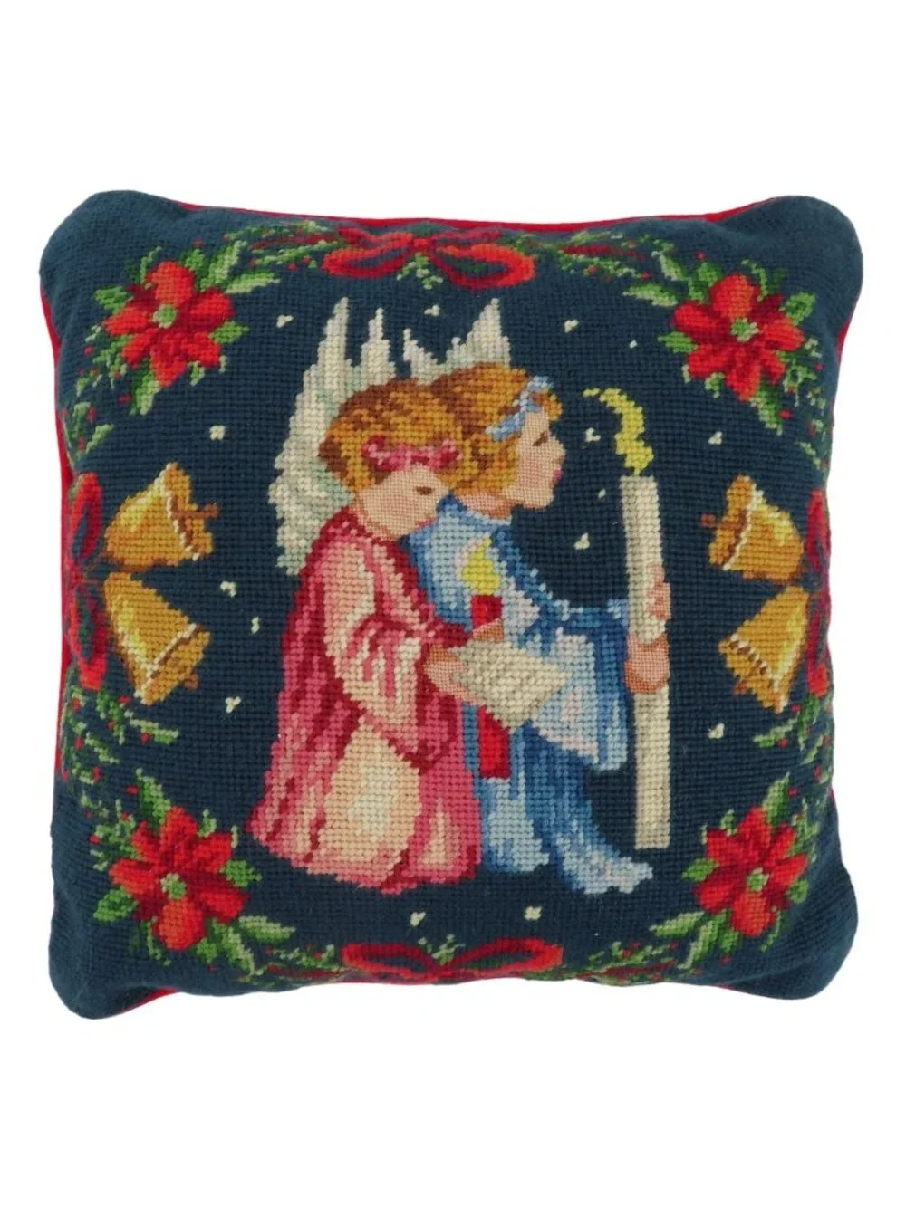 Vintage Needlepoint Praying Angel Children Red Flowers Bow Bells Square Pillow